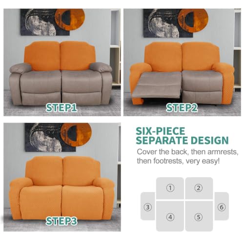Image of YEMYHOM 6 Pieces Stretch Loveseat Recliner Slipcover Jacquard Recliner Sofa Cover with Side Pocket Fitted Recliner Cover Couch Furniture Protector with Elastic Bottom (Loveseat Recliner, Orange)