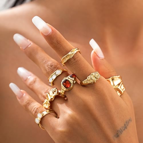 BUYITO Chunky Gold Statement Rings for Women Dainty Gemstone Crystal Ring Stackable Opening Adjustable Knuckle Bold Thick Irregular Ring Set Vintage Jewelry4