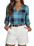 Dokotoo Womens Spring Summer Casual Ladies Basic Cotton Cuffed 3/4 Long Sleeve Plaid Print V Neck Tunic Blouses and Tops Shirts for Women 2026 for Work Fashion