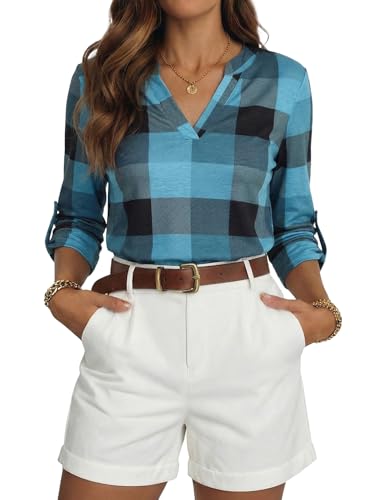 Dokotoo Womens Spring Summer Casual Ladies Basic Cotton Cuffed 3/4 Long Sleeve Plaid Print V Neck Tunic Blouses and Tops Shirts for Women 2026 for Work Fashion