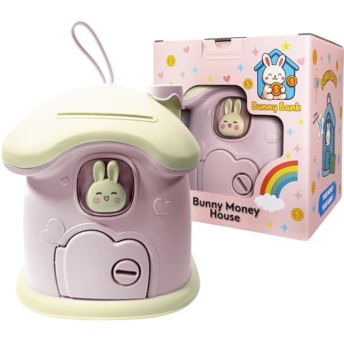 Cute Bunny House Piggy Bank for Kids, Dual Slot for Coins and Bills, Blue Carrying Handle, Includes...