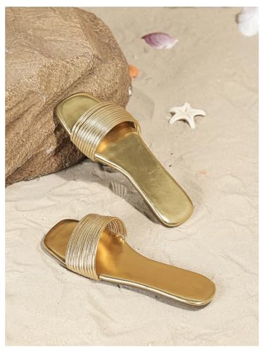 Image of GORGLITTER Women's Gold Flat Sandals Strappy Square Open Toe Metallic Summer Slides Dressy 2026 Trendy