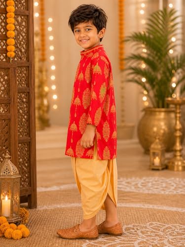 Image of superminis Boy's Golden Foil Printed Side Open Cotton Kurta, Round Collar, Full Sleeves Ethnic Wear Dhoti Kurta Set