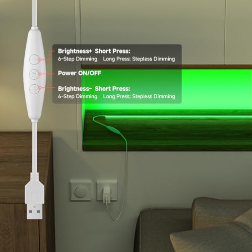 Image of 5V COB Green Led Strip Light 6.56FT USB Powered CRI90+ LED Tape Lights with Dimmer, 8mm Width Dimmable High Density Flexible Strips for TV Under Cabinet Bedroom