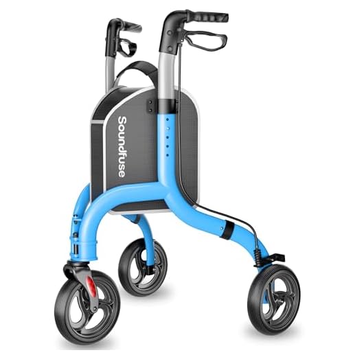 Soundfuse 3 Wheel Walkers for Seniors, Lightweight Foldable Aluminum Rollator Walker, Height Adjustable Three Wheel Walker, FSA HSA Eligible, Blue