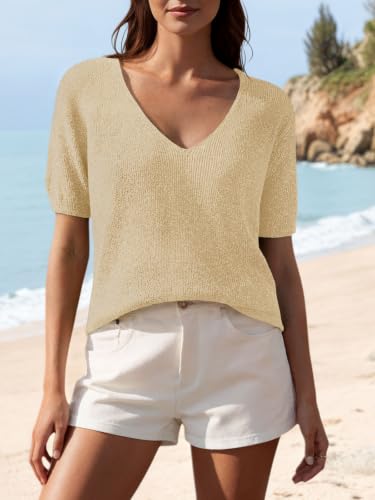 Image of Saodimallsu Womens Short Sleeve Sweater Summer V Neck Casual Tops Lightweight Loose Knit Pullover Shirts