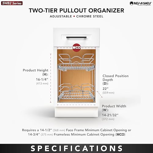 Rev-A-Shelf 2-Tier Kitchen Cabinet Pullout Shelf and Drawer Organizer Slide Out Pantry Storage Basket in Multiple Sizes, 15 x 22 In, 5WB2-1522CR-1