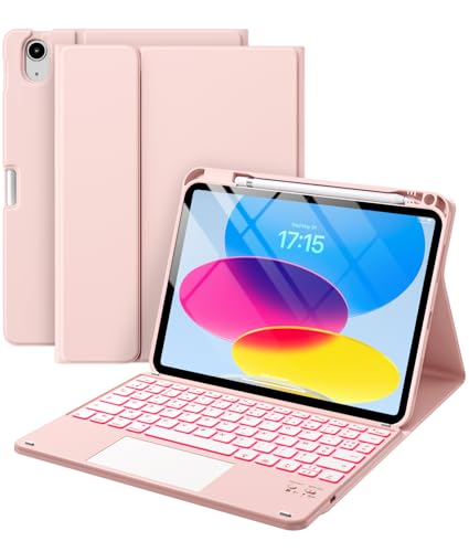Vobafe Coque Clavier pour iPad A16 11/10 Ème Génération (11 Pouces 2025/10.9 Pouces 2022), Étui Keyboard avec Rétroéclairage 7 Couleurs et Pavé Tactile, Clavier AZERTY Rechargeable, Rose Clair