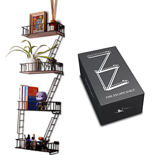 KOTIJOKI Fire Escape Ladder Shelf - New York Inspired 4 Tier Wall Mounted Metal Rustic Floating Shelves With Screwdriver & Ladders, For Home Decor, Living Room, Office Organizer, Action Figure Display