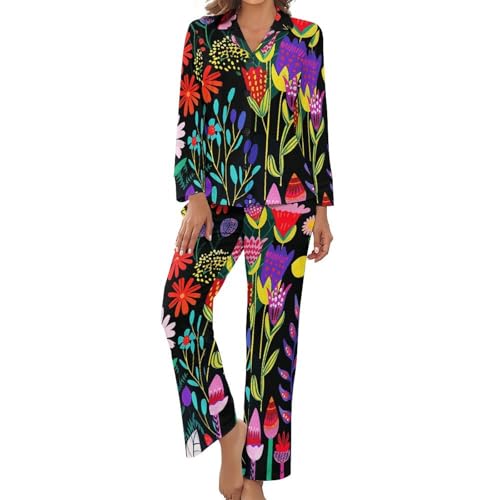 LOKLNEYK Ensemble de pyjama 2 pièces pour femme, motif vignes et fleurs sauvages, vêtements de nuit, automne à manches longues et pantalon long, Vignes et fleurs sauvages, M-3XL