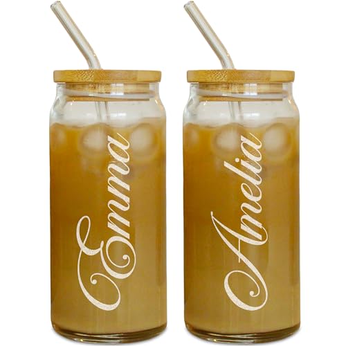 Personalized Bridesmaid Glass Gifts- 20oz Iced Coffee Cup w/Bamboo Lid & Glass Straw Set - Bridesmaid Proposal Cup - Custom Glass Cups With Lid & Straw For Bridal Party - Gift Idea For Maid Of Honor