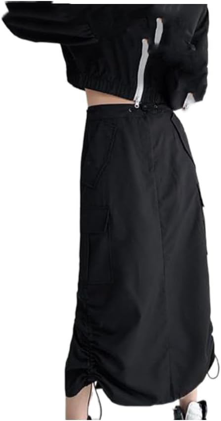 Midi Skirts Women Cargo Hipster Harajuku Vintage Loose Hot Girls Fashion Chic Streetwear Back-Slit Drawstring