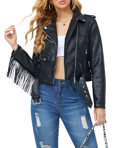XULIKU Women Short Faux Leather Moto Jacket,Fall Spring Tassel Trim Lapel Zipper Up Pleather Coat Belted