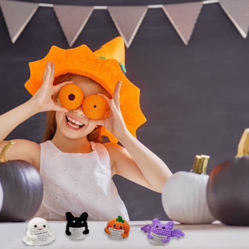 4 Pack Knitted Wool Halloween Toys with Positive Card Crochet Dolls for Halloween Party Favors Treat Bags Cheer Up Gifts - Image 2