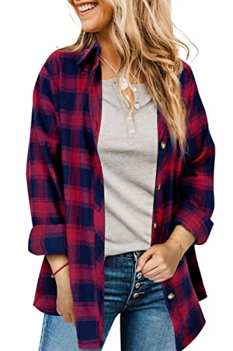 Hibluco Damen Langarm Karierte Hemd Jacke mit Seitentaschen Cover
