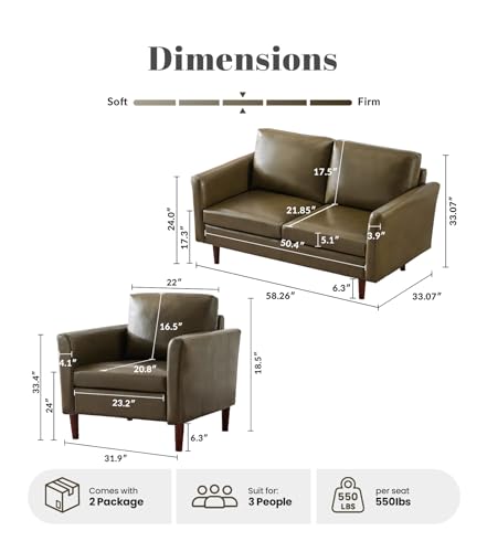 Image of Kingfun 2 Piece Faux Leather Sofa Set, Mid Century Modern Living Room Furniture Set with 3-Seater Sofa and Loveseat, Small Leather Couch with Solid Wood Frame for Bedroom and Office, Olive Green