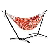 VonHaus Hammock with Stand - Freestanding 2 Person Striped Hammock Seat with Steel Frame - Polycotton Material & Adjustable Frame for Garden - Travel Bag for Beach, Camping & Outdoors - Orange Stripe
