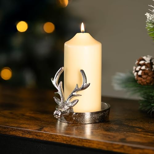 HomeZone Christmas Reindeer Votive Tealight Candle Holder - Rustic Metal Reindeer and 4x Glass Tealight Candle Holder - Festive Gift Xmas Table Centrepiece Rudolf Candle Light (Stag Tealight Holder)