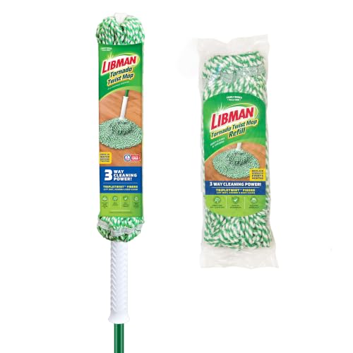 Libman Tornado Mop with 1 Refill | Self Wringing | Cotton Head | Twist Mop | Machine Washable | 2 Total Self Wring Mop Heads