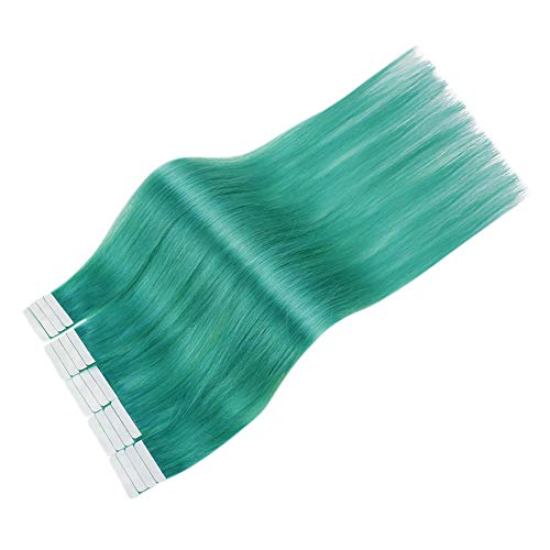 Double Sided Tape in Hair Extensions Remy Human Hair Double Sided Glue on Extensions Teal Straight Hair for Women 18 Inches 10Pcs 25g