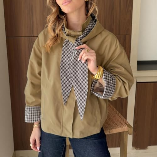 Cropped Trench Coat for Women Fall Rain Jacket with Detachable Plaid Hood - image 4