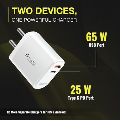 Image of Dual Port Fast Charger|USB 65W & Type C 25W PD |Compatible with iPhones, Samsung, Oppo, Oneplus, Realme, & Mi Phones|Fast Charger | SUPERVOOC & Ultra Fast Protocols|BIS Certified|