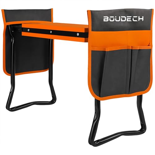 BOUDECH Ergogard – Taburete multifunción 2 en 1 para jardinería, con bolsa para herramientas, negro y naranja