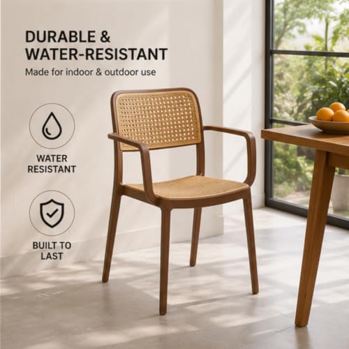 Image of NARSA Modern Rattan Style Dining Chair for Home & Cafe | Cane Pattern Plastic Chair with Ergonomic Backrest | Lightweight & Durable Indoor Outdoor Seating Chair (Brown, with Arm, Set of 4)