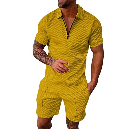Laonajkd Survêtement pour homme - Survêtement - Short d'été - Style tendance - Tenue de sport - Polo + pantalon de sport - Élégant - Chic - Vacances de plage - Jardines - Tenue de loisirs, jaune, XL Cover