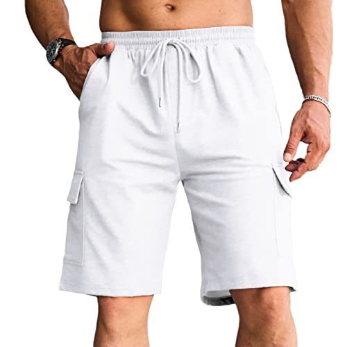 Ctu Mens Workout Elastic Waist Athletic Shorts Casual Lightweight Hiking Shorts With Pockets White #TOP1