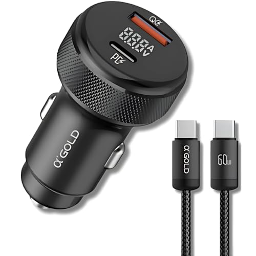 Carregador Veicular Turbo 60W Para Automóvel Carregador de Carro Duas Entradas com Carregamento Super Rápido + Cabo USB-C Premium Compatível Com Dispositivos IOS e Android