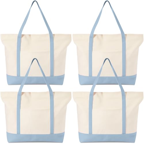 Sunnymove 4 Pcs Large Canvas Tote Bags Bulk with Top Zipper Closure, Reusable Grocery Shopping Bags, Bachelorette Party DIY Gifts (Light Blue)