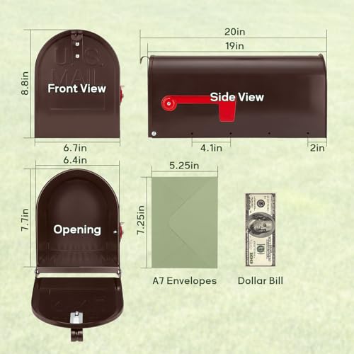 Bronze Metal Mailbox Post Mount, RAINHOL Medium Compacity Mail Box, Galvanized Steel Standard Mailboxes for Outside, 20 x 8.7 x 6.7 inches