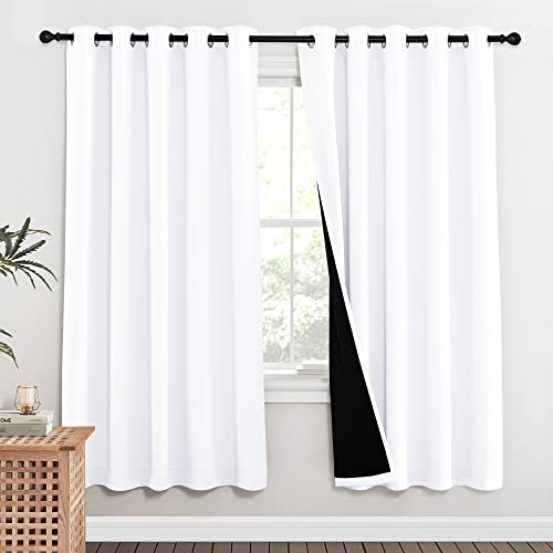 Image of NICETOWN 100% Blackout Window Curtain Panels, Full Light Blocking Drapes with Black Liner for Nursery, 72-inch Drop Thermal Insulated Draperies (White, 2 Pieces, 62-inch Wide Per Panel)