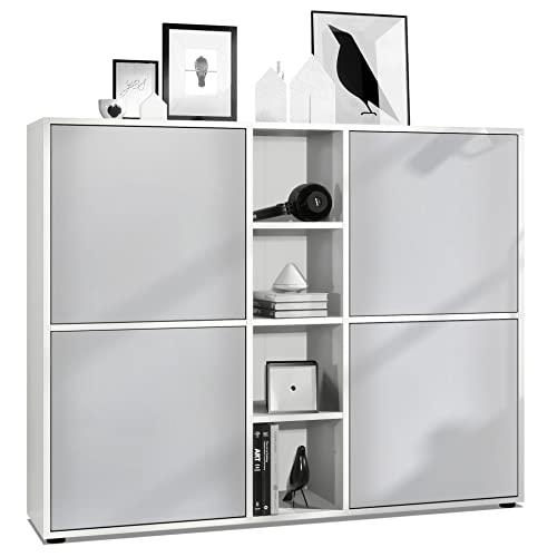 Vladon Highboard Cuba V3, Made in Germany, Weiß matt/Hellgrau seidenmatt - Moderne Anrichte mit 12 Fächern (130,5 x 105,5 x 35,5 cm)