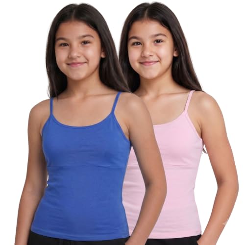 Image of DChica Cotton Padded Camisole Bra for Girls, Sleeveless Undershirts with Adjustable Straps, Tank Top /Innerwear for Girls (Pack of 1) Pink & White Camisole Inner Vest