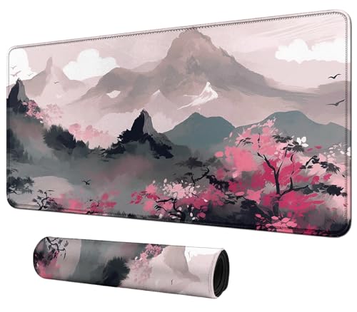 BFDHGQZC Spielmatte, Berge mit rosa Blumen, für MTG und TCG, 61 x 35,6 cm, Spielmatte für MTG/RPG/CCG, Sammelkartenspiel, Spielmatte, Tischmatte, perfekt für Kartenspiele, Videospiele, Computer, Büro