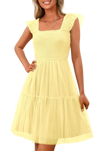 PRETTYGARDEN Womens 2025 Trendy Mini Summer Dresses Sleeveless Tulle Ruffle Square Neck Tiered Smocked Beach Vacation Dress