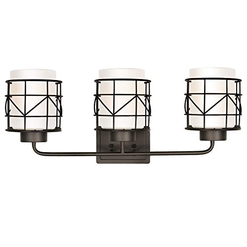 3-Light Bathroom Vanity Light Fixture, Modern Bath Lighting with White Frosted Glass Shade, Industrial Metal Cage Wall Mount Lighting Sconce for Bathroom, Bedroom