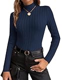 Ekouaer Women's Mock Turtleneck Long Sleeve Shirts Fall Fashion Fleece Tops Basic Layering Ribbed Thermal Underwear Tee Navy Blue XL