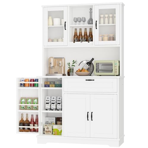 Image of Shintenchi Kitchen Pantry Storage Cabinet, Freestanding Buffet Cabinet with Microwave Stand & 4 Door Shelves, Kitchen Hutch with Doors, Adjustable Shelves and Wine Rack, White