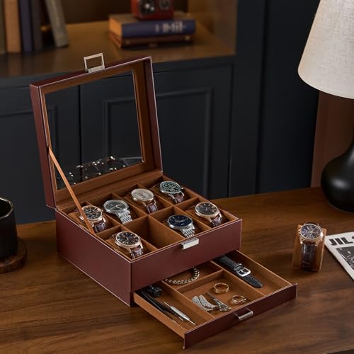 ProCase Uhrenbox mit 8 Fächern, 2 Ebenen Uhrenkasten mit Glasdeckel, Uhrenkoffer mit herausnehmbaren Uhrenkissen, Uhrenschatulle für Schmuck- Espresso