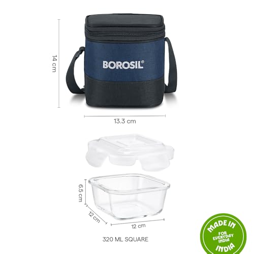 Image of Borosil Elite Lunchbox | 320ml x 2 Square Container Set | Made in India Borosilicate Glass | Microwave & Dishwasher Safe, Leakproof | Tiffin for Office /School /College | Vertical