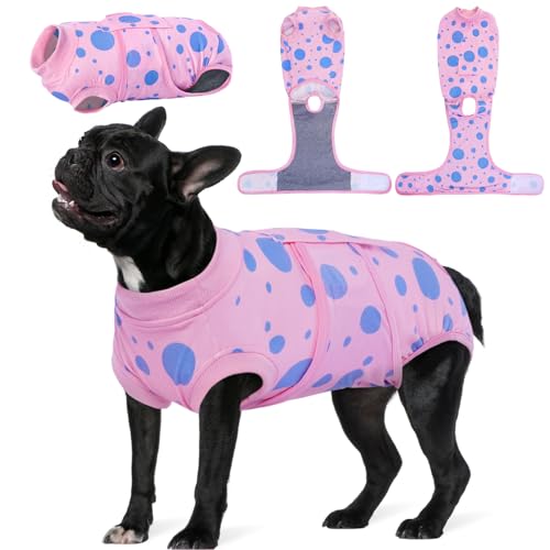 Kuoser Dog Surgery Suit, Soft Dog Spay Recovery Suit Female, Anti Licking Neuter Recovery Suit for Male Dogs, Post-Op Pet Surgical Suit Protective Wear E-Collar & Cone Alternative,Pink Polka