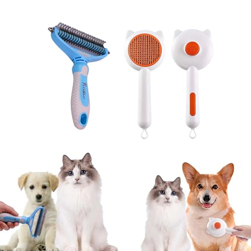 Image of PawBabas2-in-1 Pet Grooming Set for Dogs & Cats | De-Shedding Rake Comb for Thick Coats + Slicker Brush for Loose Fur & Detangling | Safe, Gentle & Effective Daily Grooming Tools