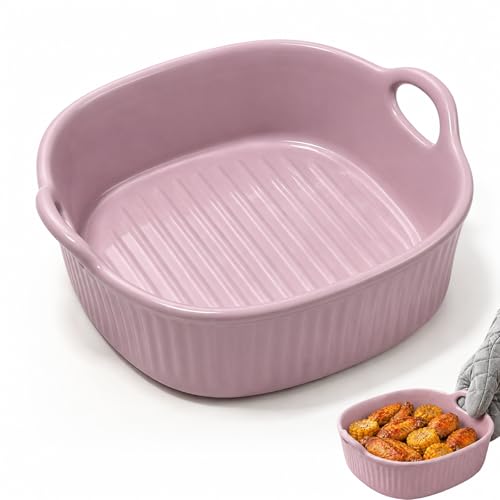 Cazuela de cerámica, cazuela para freidora de aire caliente, moldes de cerámica con asas, molde para lasaña, cazuela redonda de cerámica para horno, horno microondas (morado)