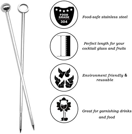 CKANDAY 10 Pack Stainless Steel Cocktail Picks, Reusable Fruit Sticks Metal Martini Skewers Olive Drink Picks Set for Holiday Party Events, Circle/Ball,2 Styles Tops- Silver