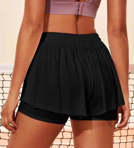 GOBLES Women's Summer High Wide Waistband 2 in 1 Butterfly Workout Athletic Tennis Shorts2
