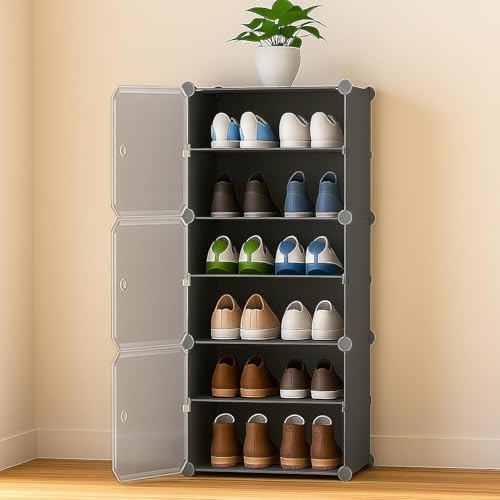 Image of Premium Modular Plastic Shoe Rack for Home | ๐ ๐๐๐๐๐
Shoe Rack with 3 Doors, Hook Holder for Home Storage Organizer with Metal Door Frame to Cover Chappal Slipper Sandals Shoes - Grey