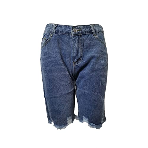 JEKE-DG Women Bermuda Skinny Denim Shorts High Waist Ripped Stretch Jean Shorts Destroyed Frayed Raw Hem Shorts Jeans (XX-Large,Blue)